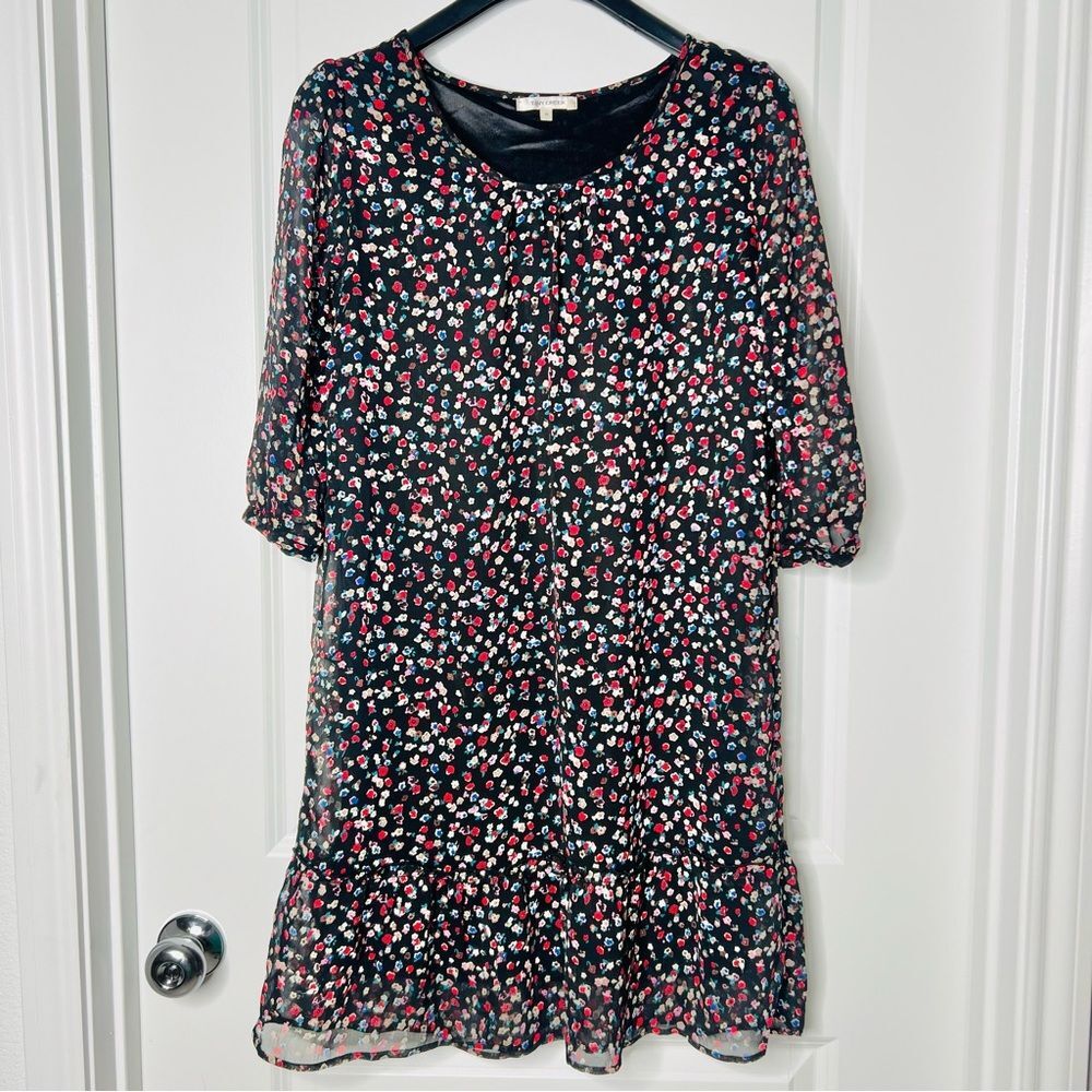 Tiny Creek Women’s Drop Waist Shift Dress Sz. Medium Ruffle Hem Lined 3/4 Sleeve